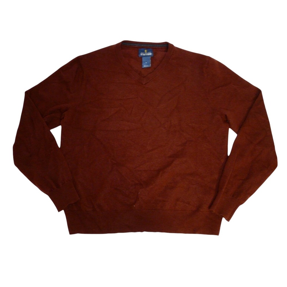 Stafford Sweater Mens Large Red Maroon 100% Wool V-Neck Pullover Long Sleeve‎